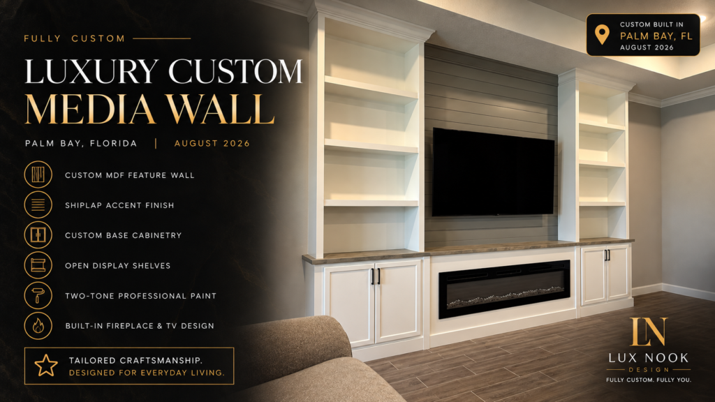 Custom Media Wall in Palm Bay, FL | Lux Nook Design Custom media wall in Palm Bay, FL with gray shiplap, white built-in cabinets, open shelving and electric fireplace