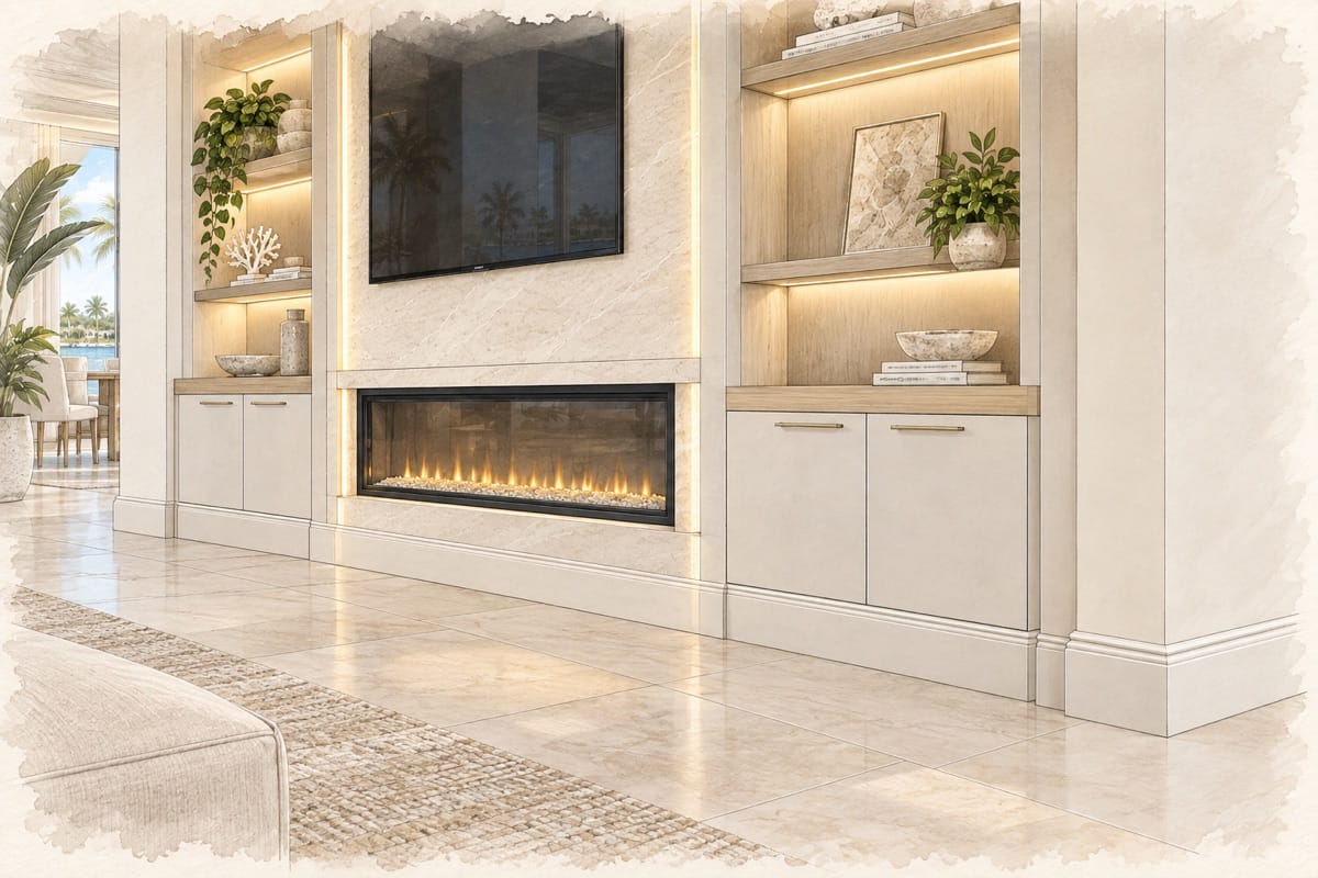 Watercolor illustration of baseboard for a custom TV media wall