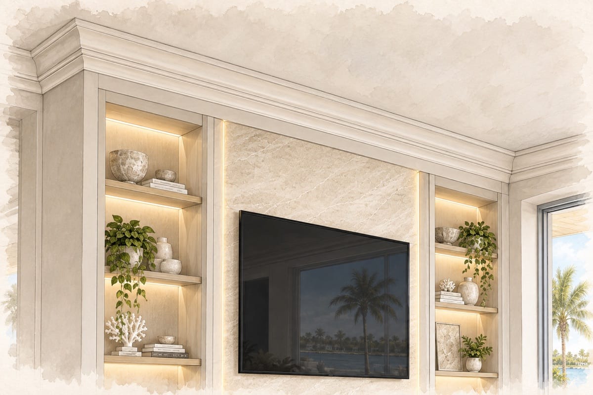 Watercolor illustration of crown molding for a custom TV media wall