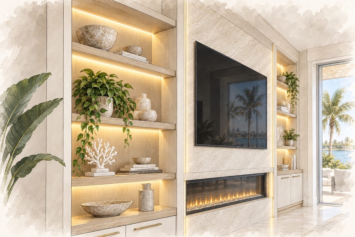 Watercolor illustration of led shelf lighting for a custom TV media wall