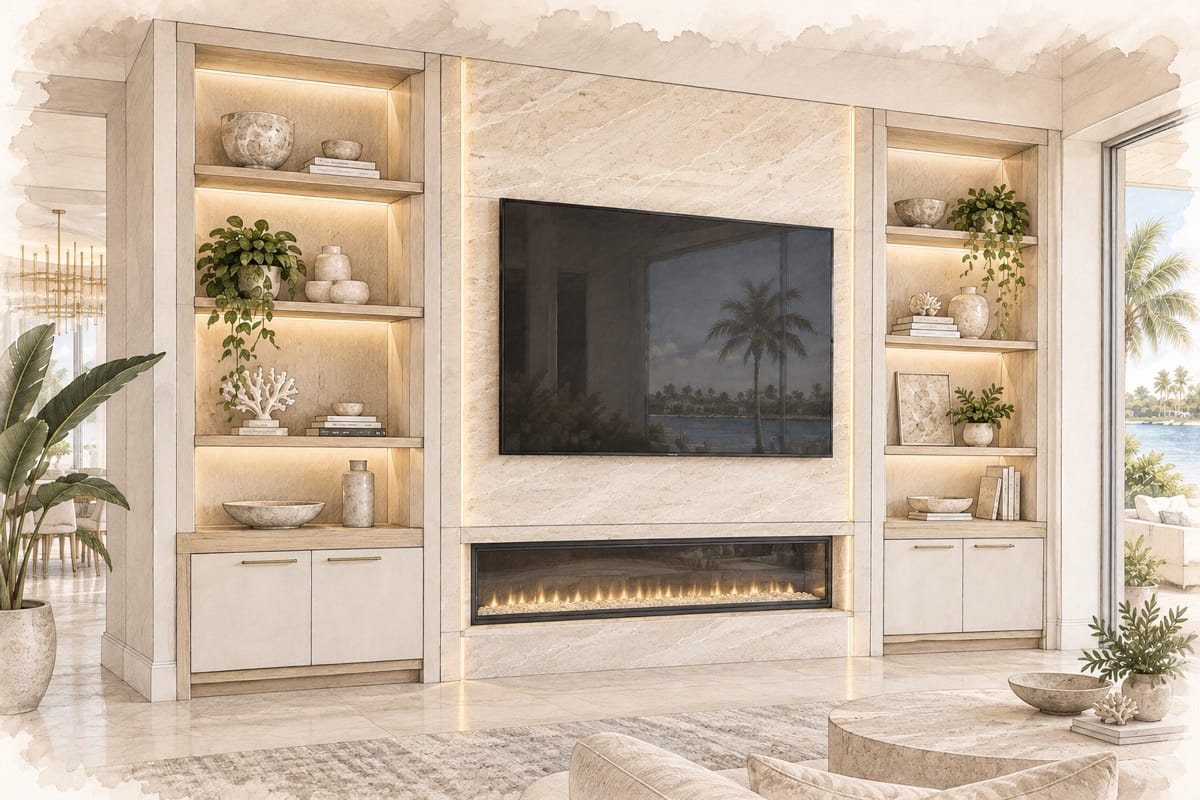 Watercolor illustration of open shelving for a custom TV media wall