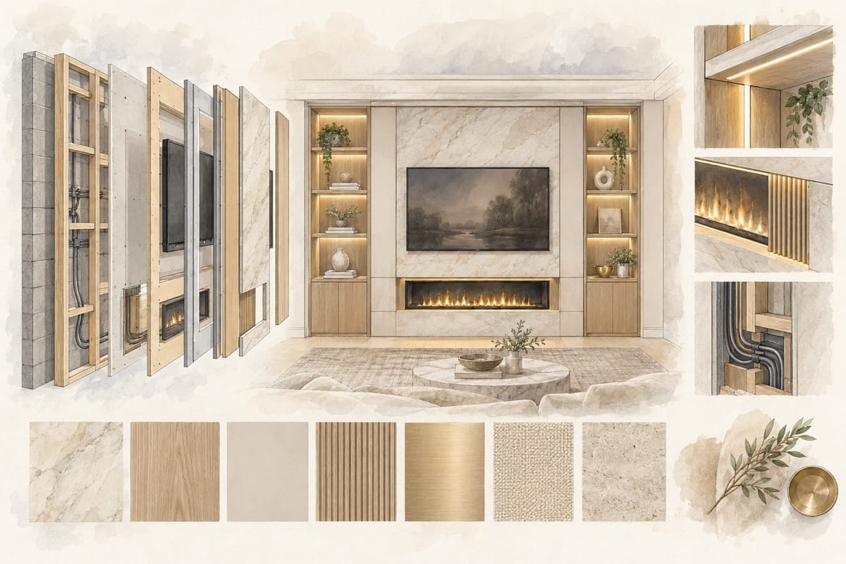 Pencil and watercolor exploded view showing the structural, finish, storage, lighting and technology layers of a custom TV media wall