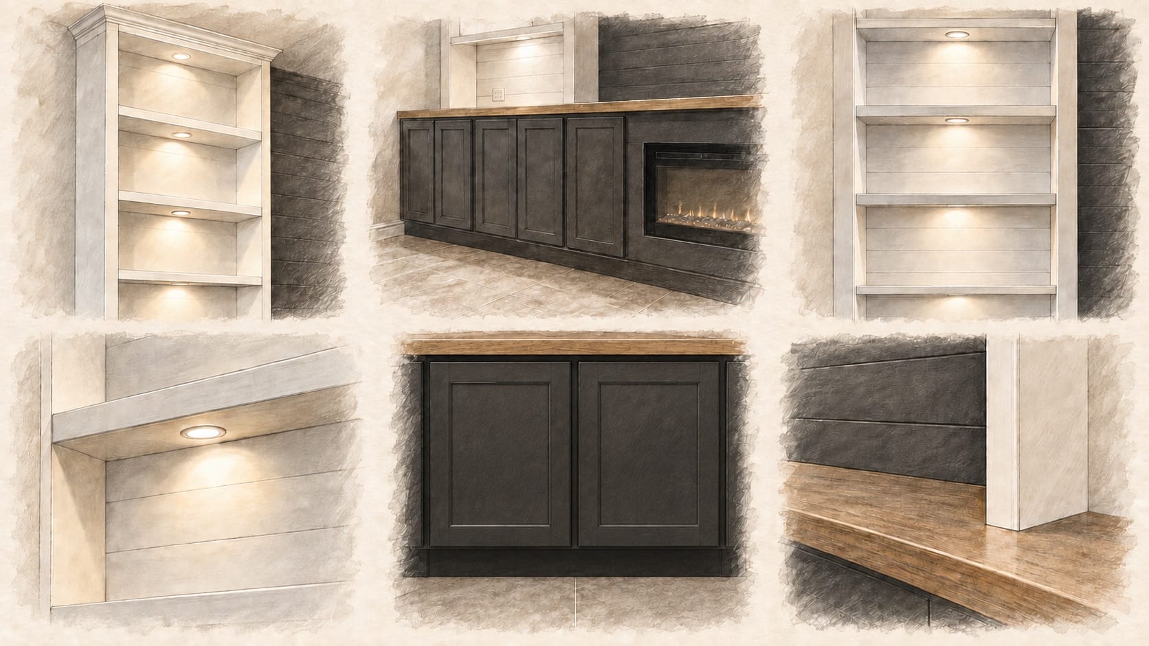 Six pencil-and-wash studies of built-in cabinetry, shelving, lighting, clearance and finish details Six pencil-and-wash studies of built-in cabinetry, shelving, lighting, clearance and finish details