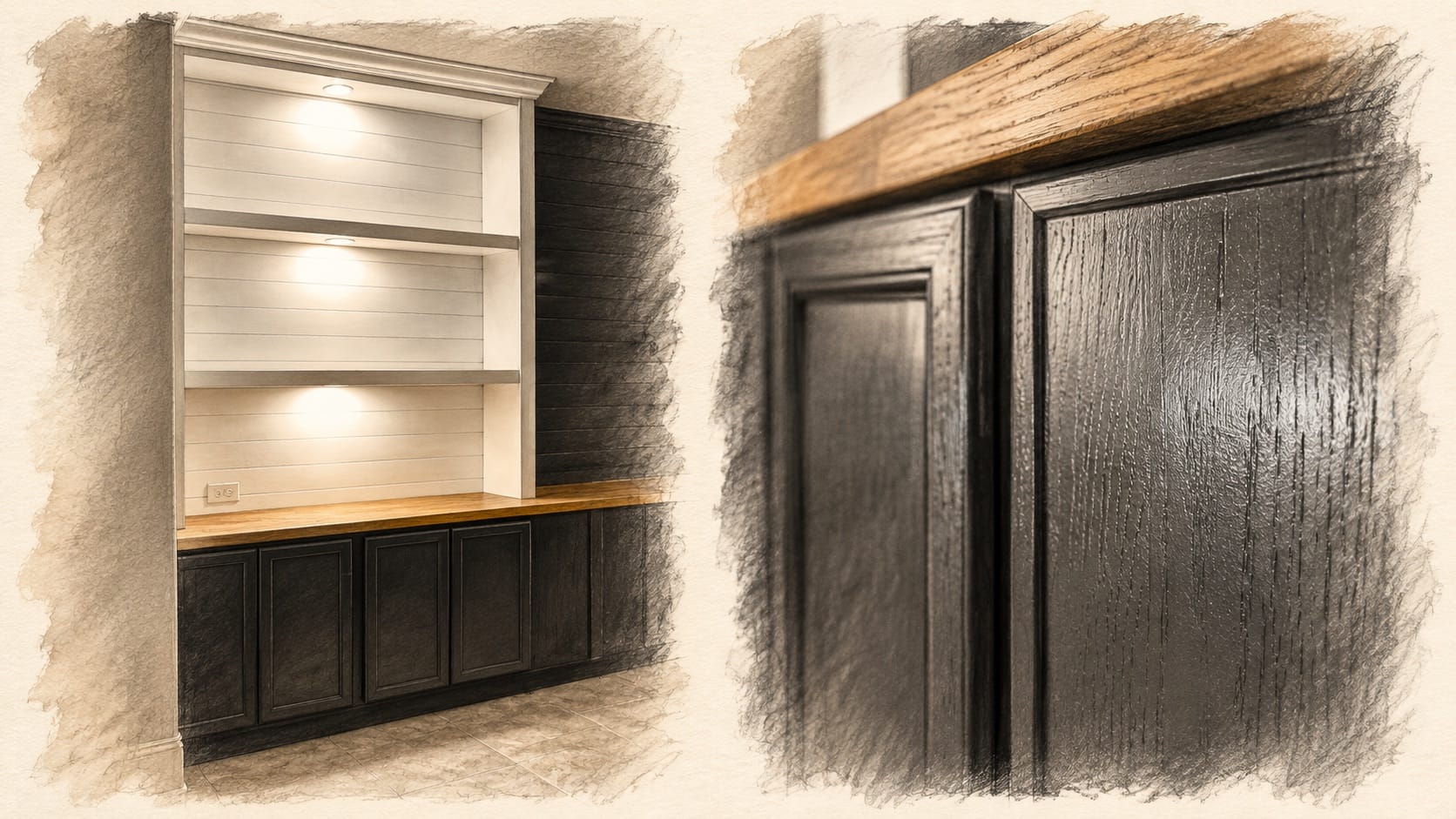 Watercolor study of illuminated built-in shelving and furniture-quality cabinet door craftsmanship