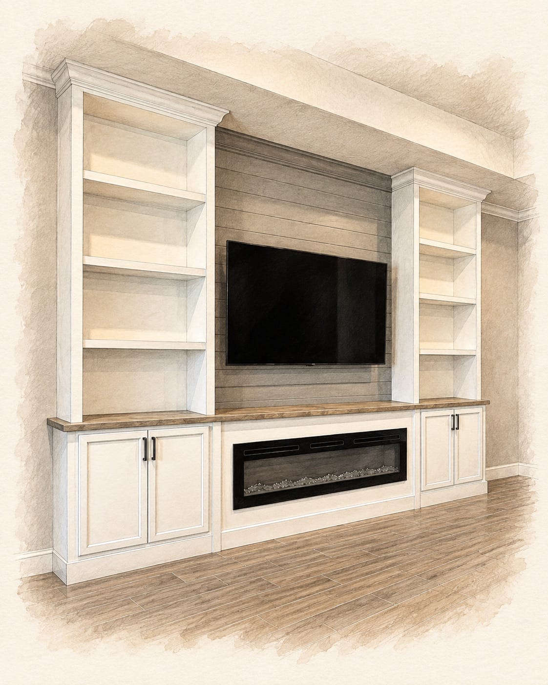 Pencil-and-wash illustration of a real Palm Bay white built-in with gray center Pencil-and-wash illustration of a real Palm Bay white built-in with gray center