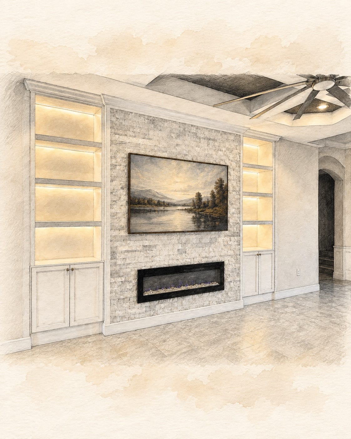 Pencil-and-wash rendering of the existing Lux Nook stone TV wall photograph Pencil-and-wash rendering of the existing Lux Nook stone TV wall photograph
