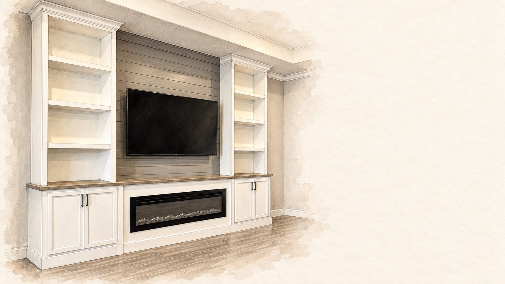 Illustrated Palm Bay built-in with open shelves and closed cabinets Illustrated Palm Bay built-in with open shelves and closed cabinets