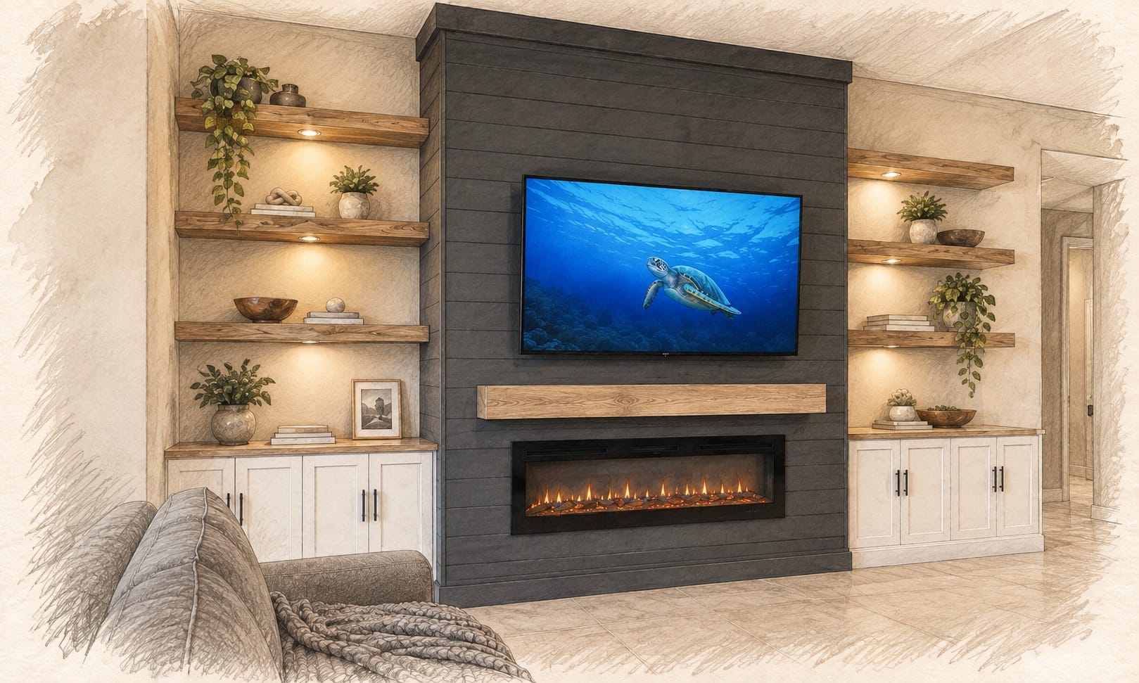 Winter Garden dark shiplap fireplace wall with built-ins illustration