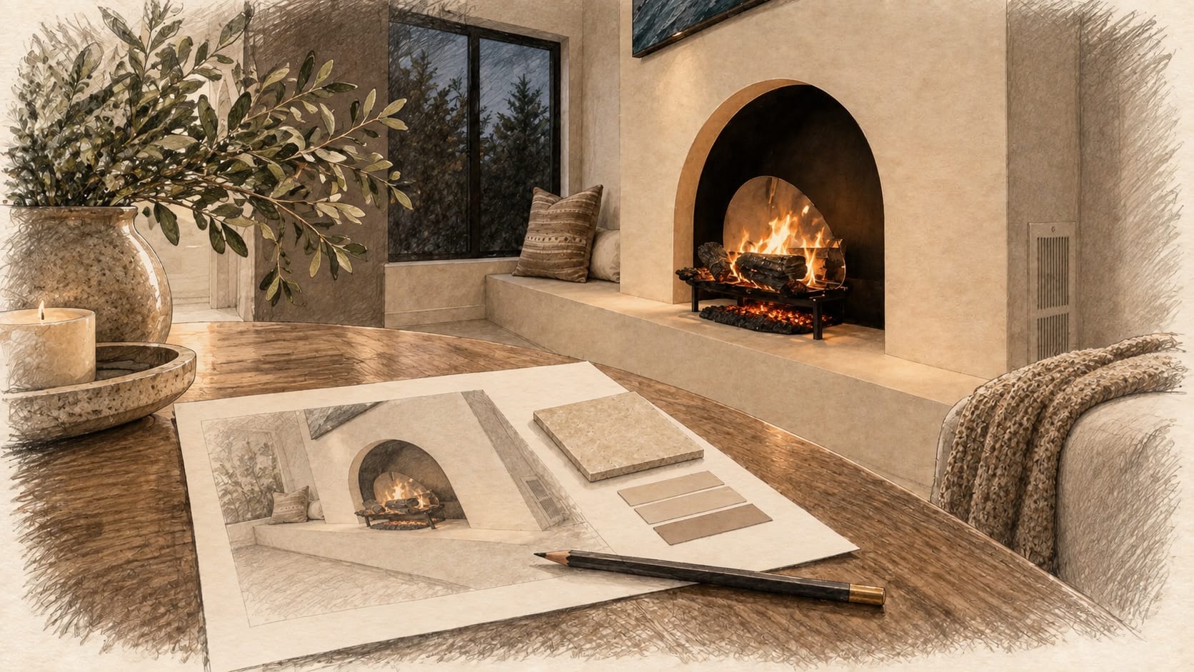 Pencil-and-wash designer selection scene based on the real Lux Nook Boca Raton limewash fireplace project Pencil-and-wash designer selection scene based on the real Lux Nook Boca Raton limewash fireplace project