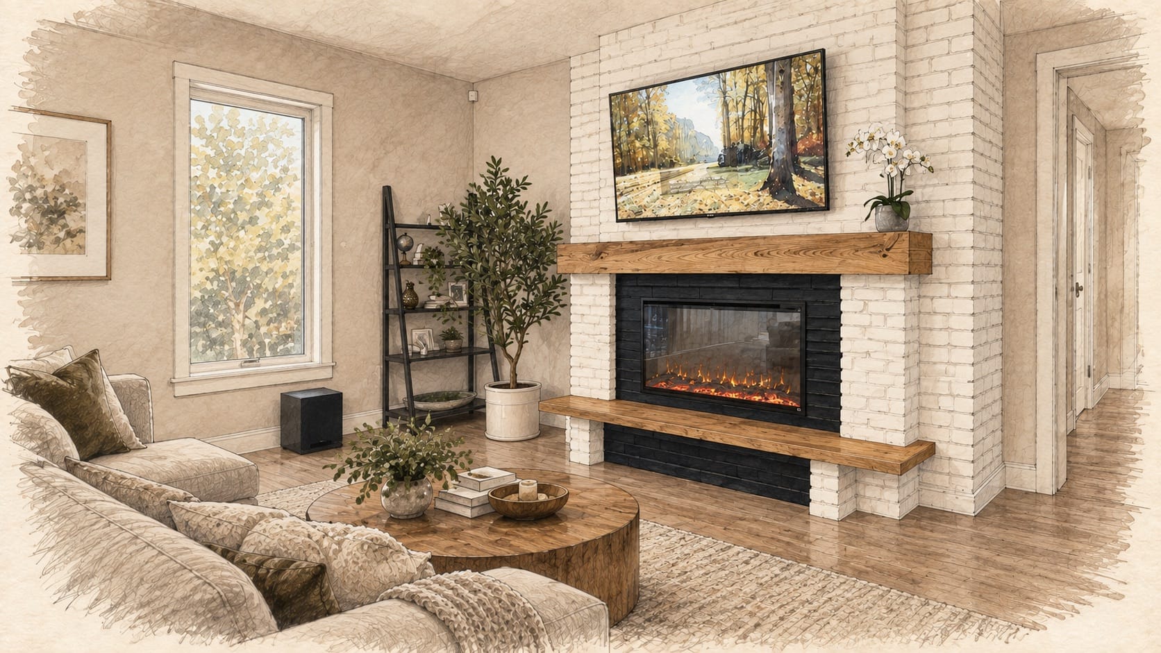 Orlando white brick fireplace project shown within the full room