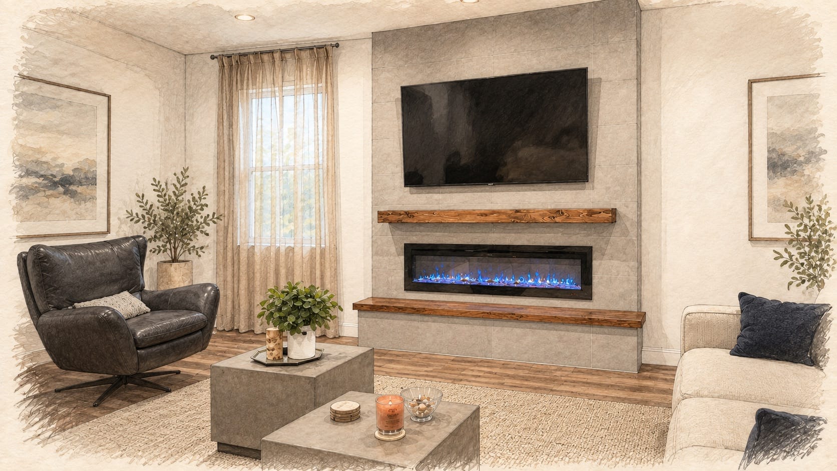Melbourne gray tile project showing TV and fireplace relationship