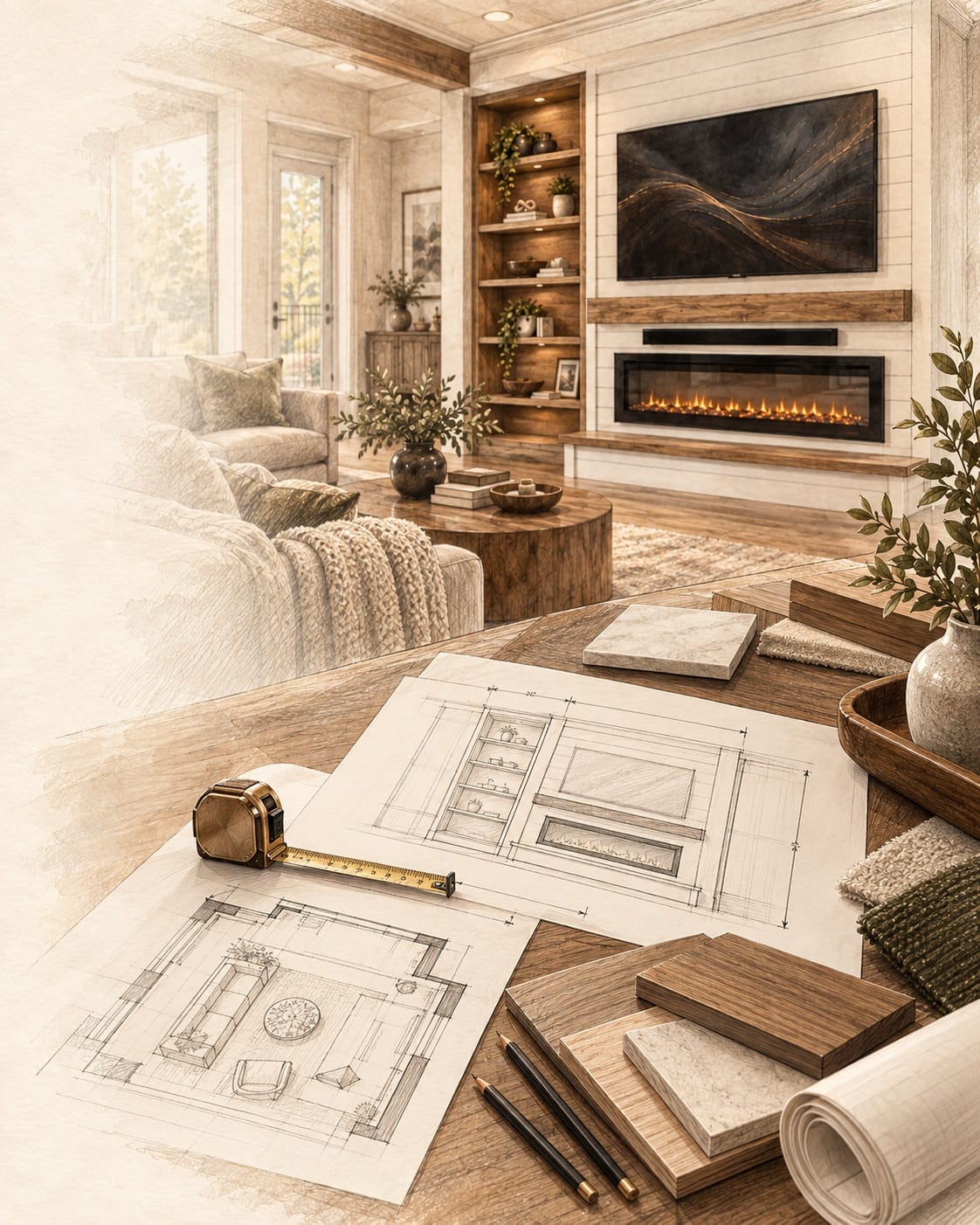 Pencil-and-wash designer planning table with room plan, fireplace-wall elevation, tape measure, and material samples Pencil-and-wash designer planning table with room plan, fireplace-wall elevation, tape measure, and material samples