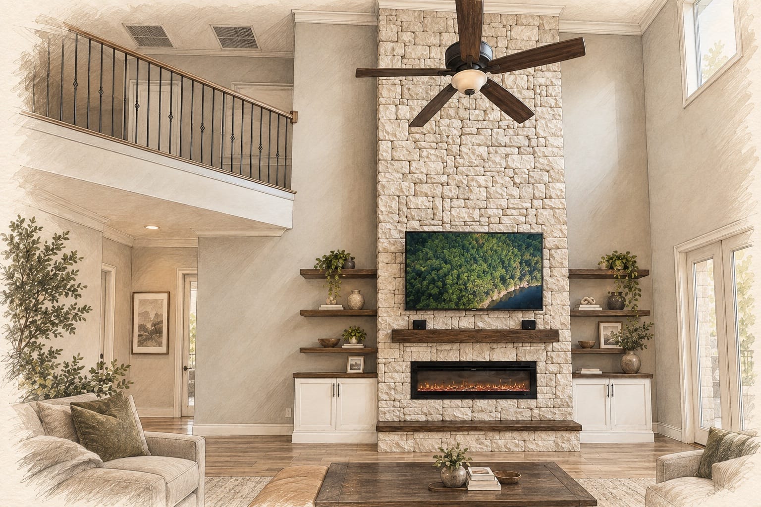 Pencil-and-wash illustration based on the real Lux Nook 18-foot limestone fireplace wall with built-ins Pencil-and-wash illustration based on the real Lux Nook 18-foot limestone fireplace wall with built-ins