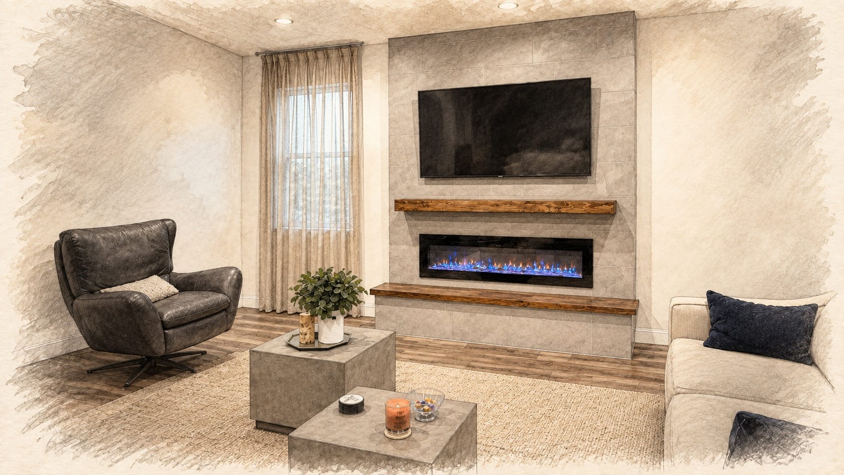 Pencil-and-wash illustration based on the real Lux Nook gray tile fireplace wall in Melbourne Pencil-and-wash illustration based on the real Lux Nook gray tile fireplace wall in Melbourne