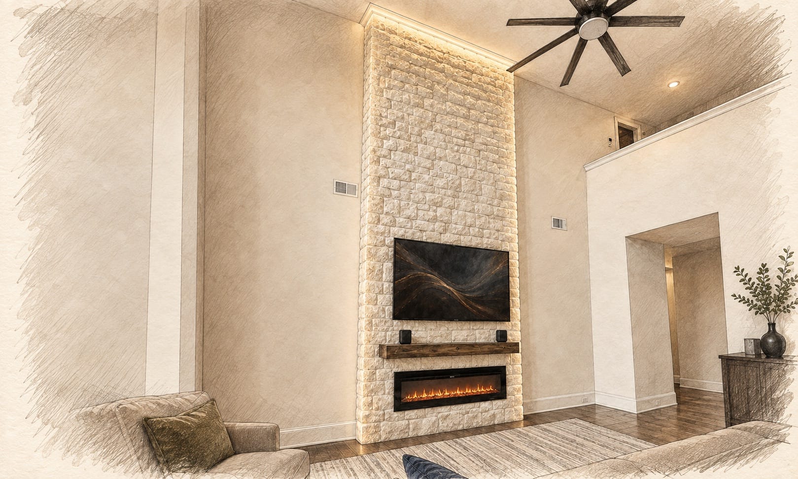 Pencil-and-wash illustration based on the real Lux Nook 20-foot limestone fireplace project in Winter Garden Pencil-and-wash illustration based on the real Lux Nook 20-foot limestone fireplace project in Winter Garden