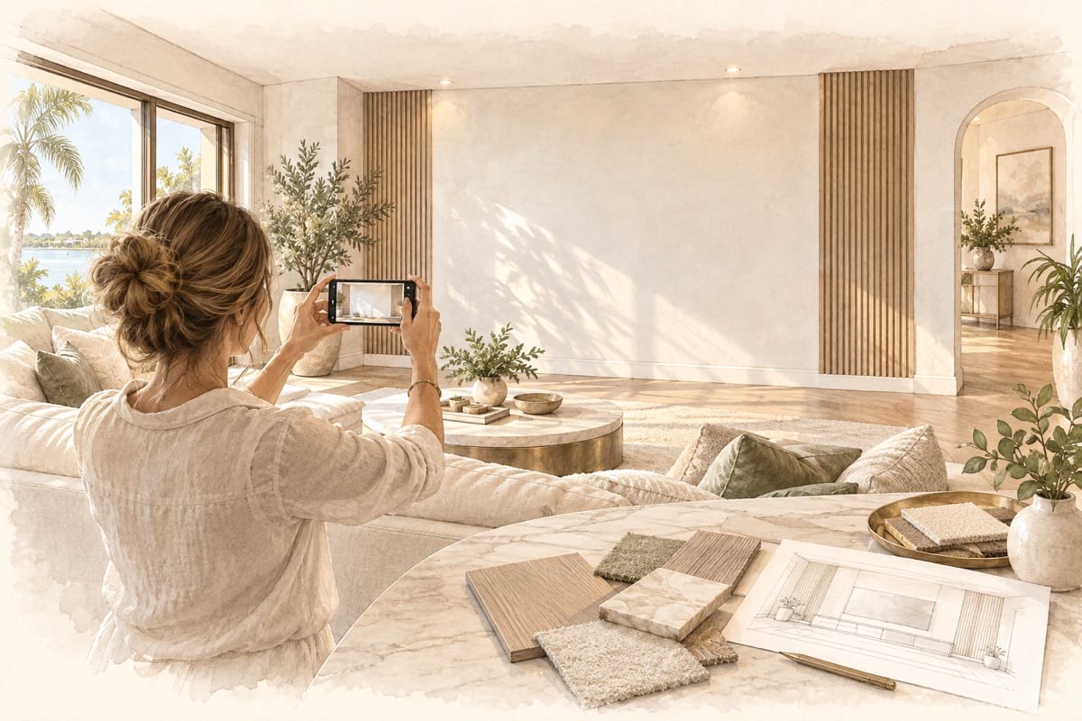 Pencil and watercolor illustration of a homeowner photographing a room for custom TV media wall planning