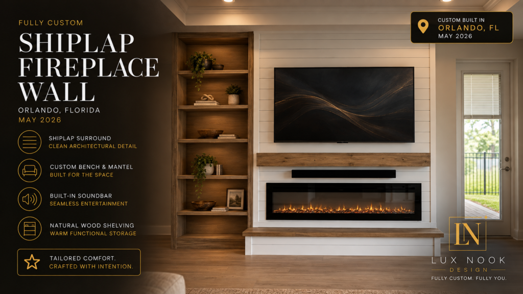White shiplap fireplace wall in Orlando with a handcrafted wood mantel, hidden storage bench, soundbar, and side shelving