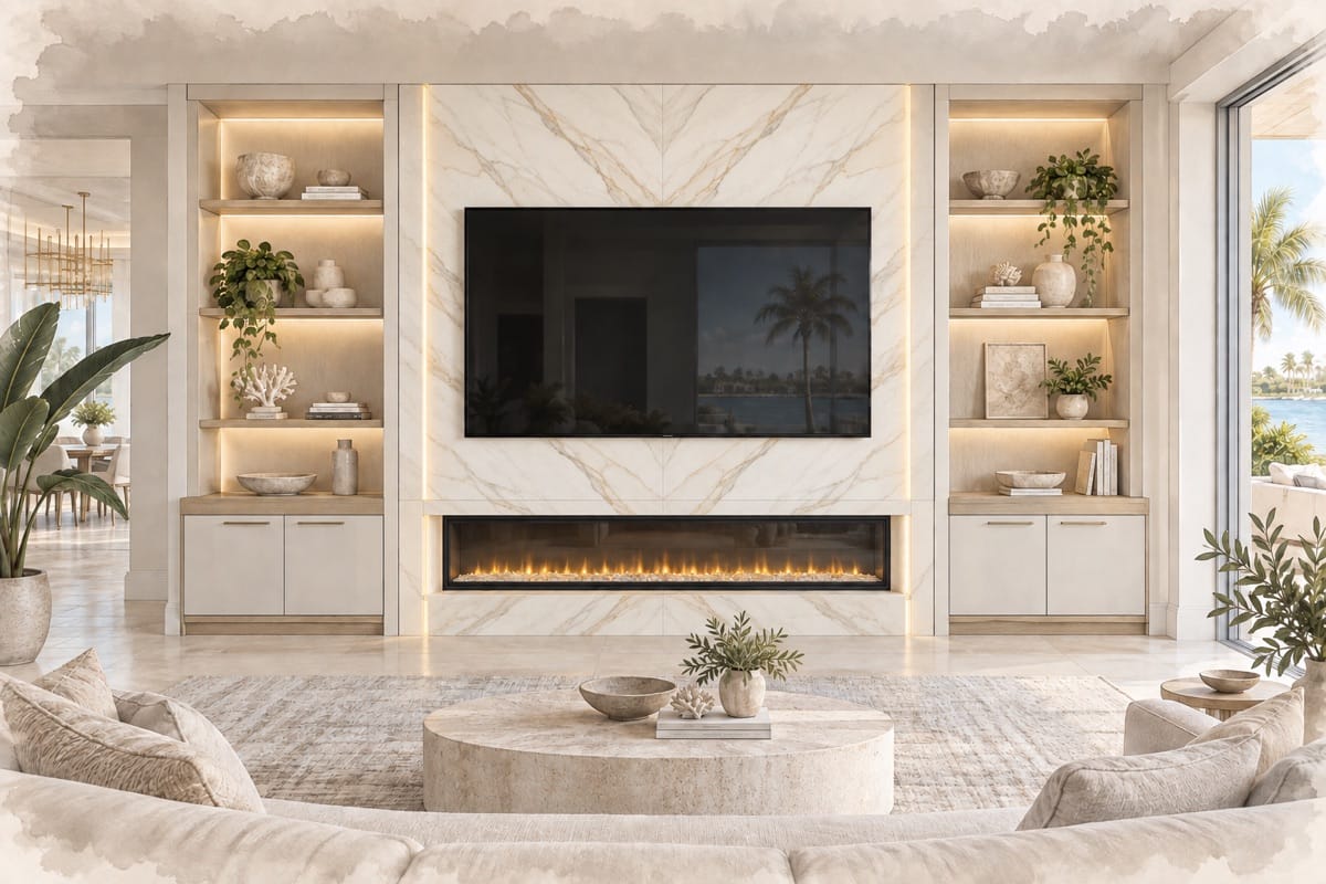 Watercolor illustration of porcelain tile for a custom TV media wall