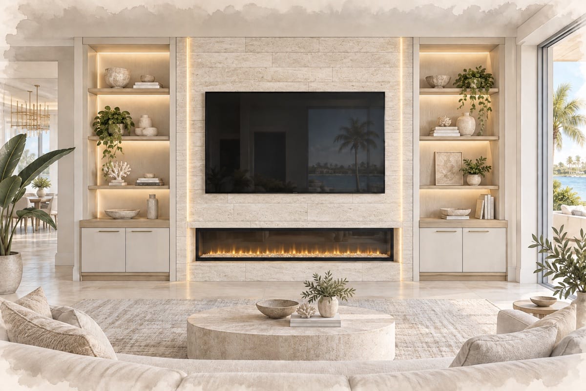 Watercolor illustration of stone veneer for a custom TV media wall