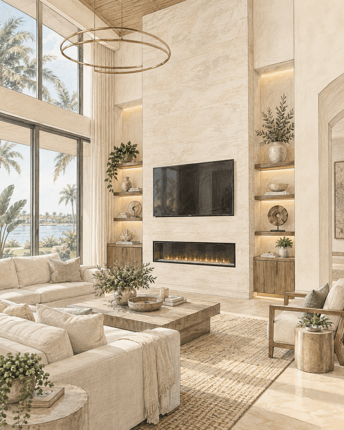 Custom Luxury Fireplace Wall Design Watercolor architectural illustration of a custom luxury fireplace wall with TV, shelving, and integrated lighting