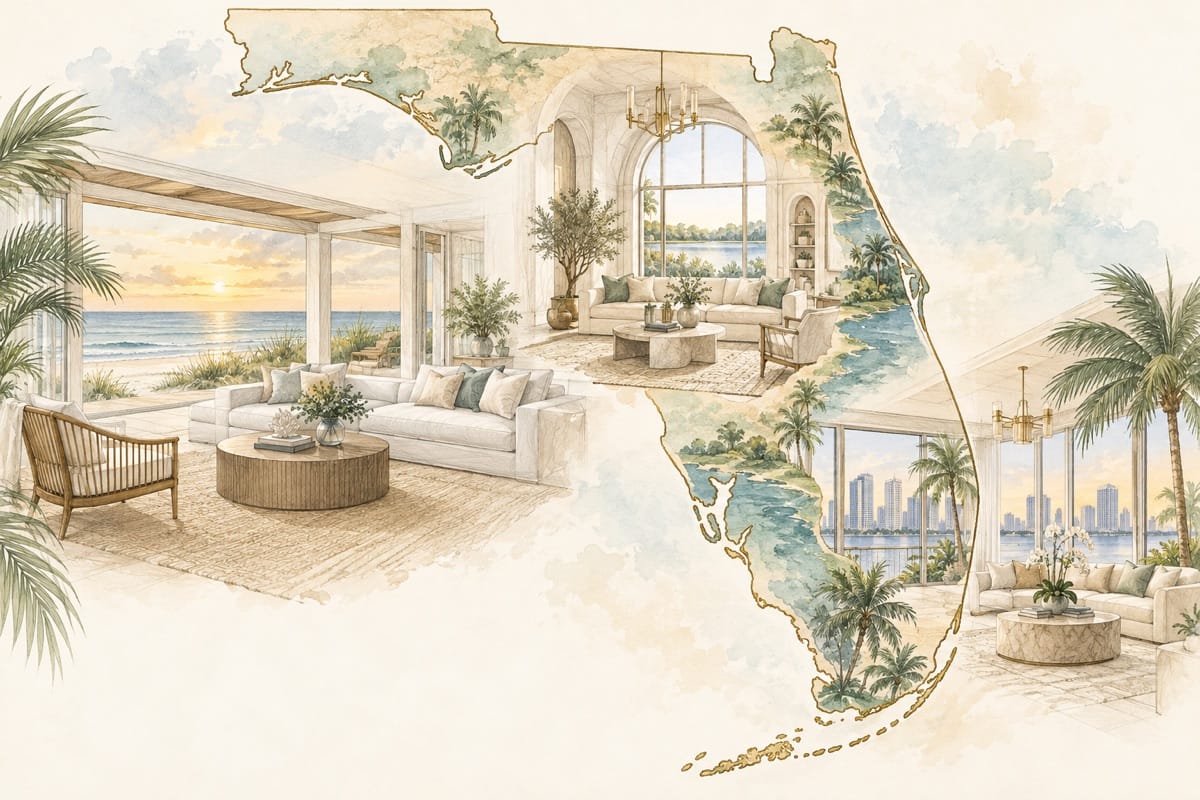 Pencil and watercolor illustration representing custom interior projects across Florida
