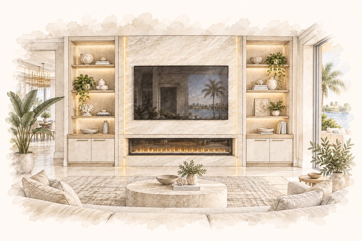 Pencil and watercolor custom TV media wall base concept with television, fireplace, shelving and cabinets