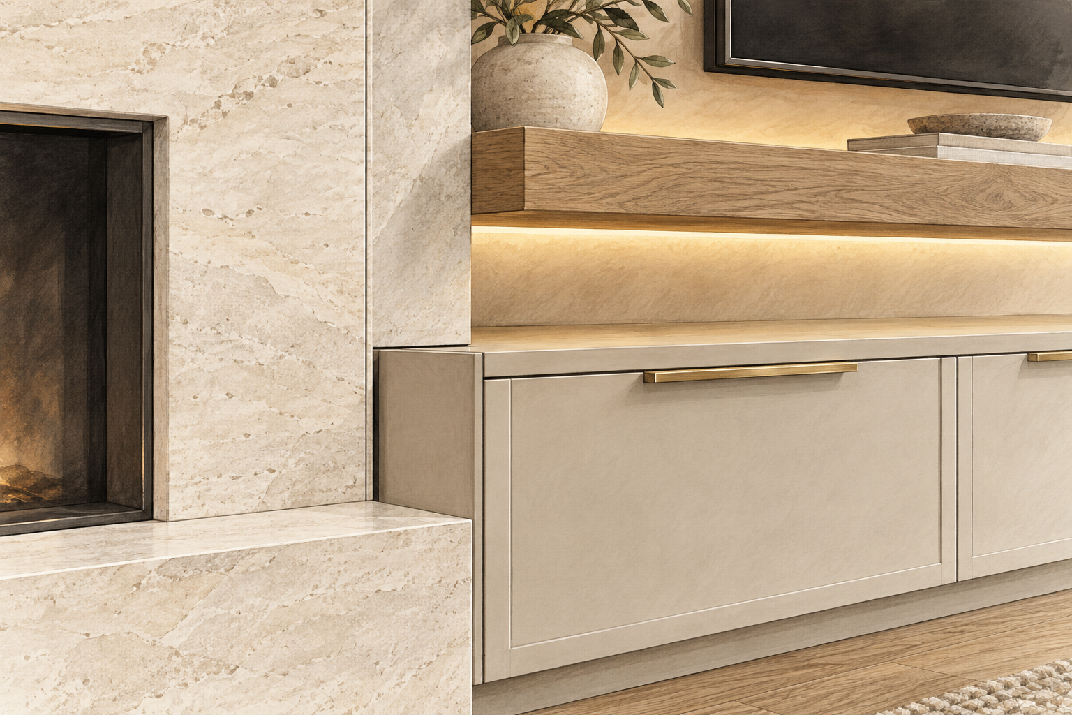 Architectural watercolor detail showing precise stone, wood, cabinetry, hardware, and integrated LED lighting transitions