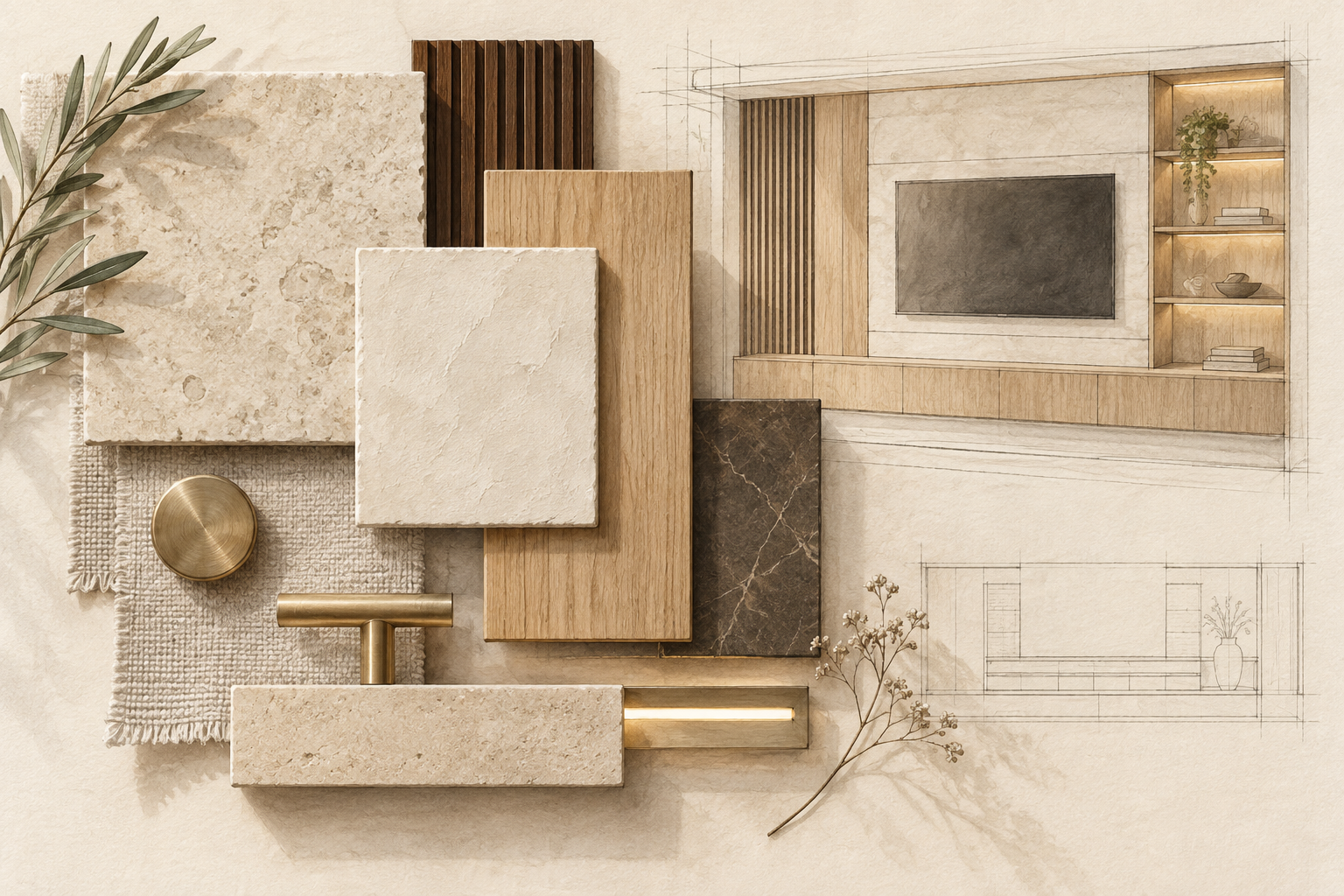 Lux Nook Design architectural watercolor material palette with stone, natural wood, specialty finish, brass hardware, and integrated lighting
