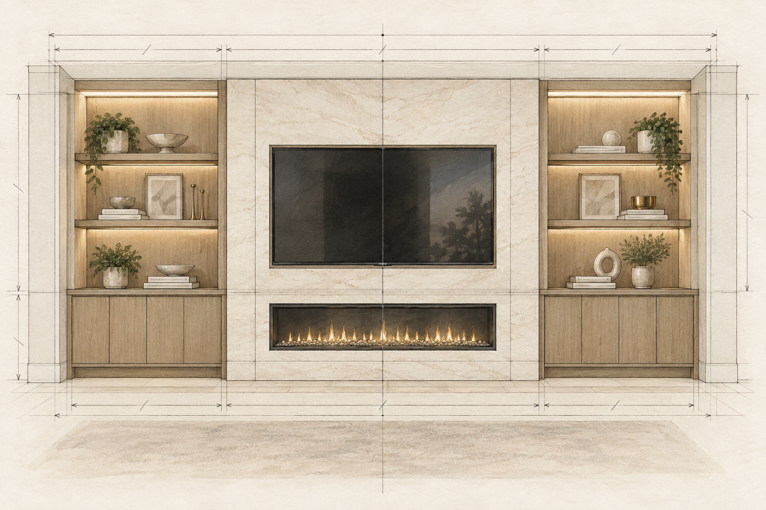 Watercolor architectural elevation showing custom media wall proportions with fireplace, cabinetry, and illuminated shelves