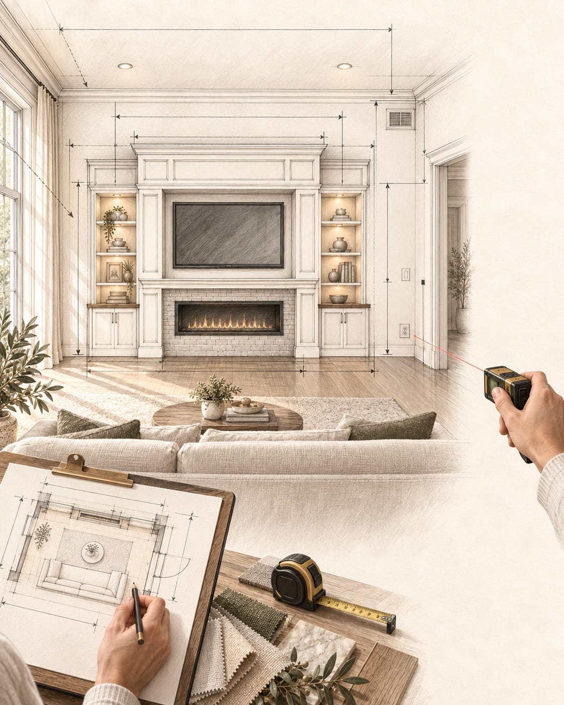 Pencil and watercolor room survey showing measurements needed before designing a media wall