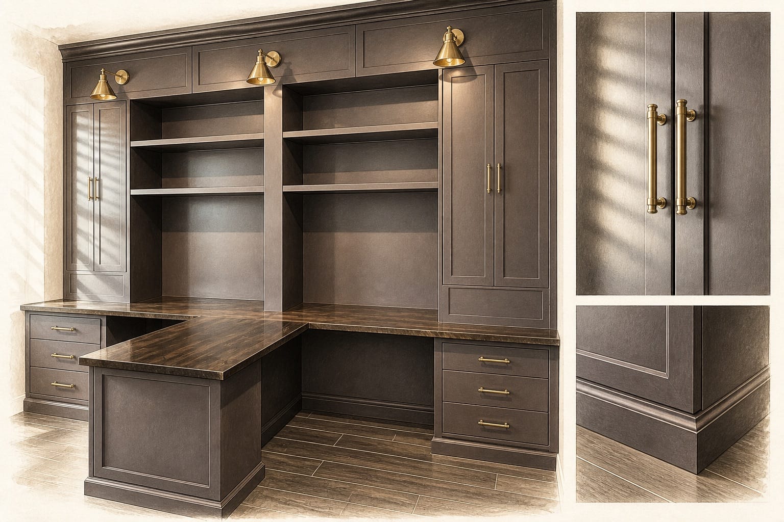 Pencil-and-wash craftsmanship study from a real Lux Nook built-in office Pencil-and-wash craftsmanship study from a real Lux Nook built-in office