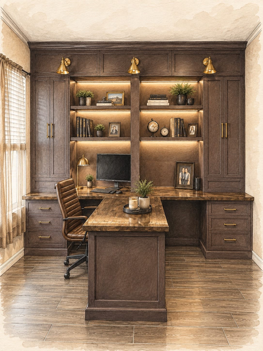 Illustrated real Lux Nook built-in home office with floor-to-ceiling cabinetry in Orlando Illustrated real Lux Nook built-in home office with floor-to-ceiling cabinetry in Orlando