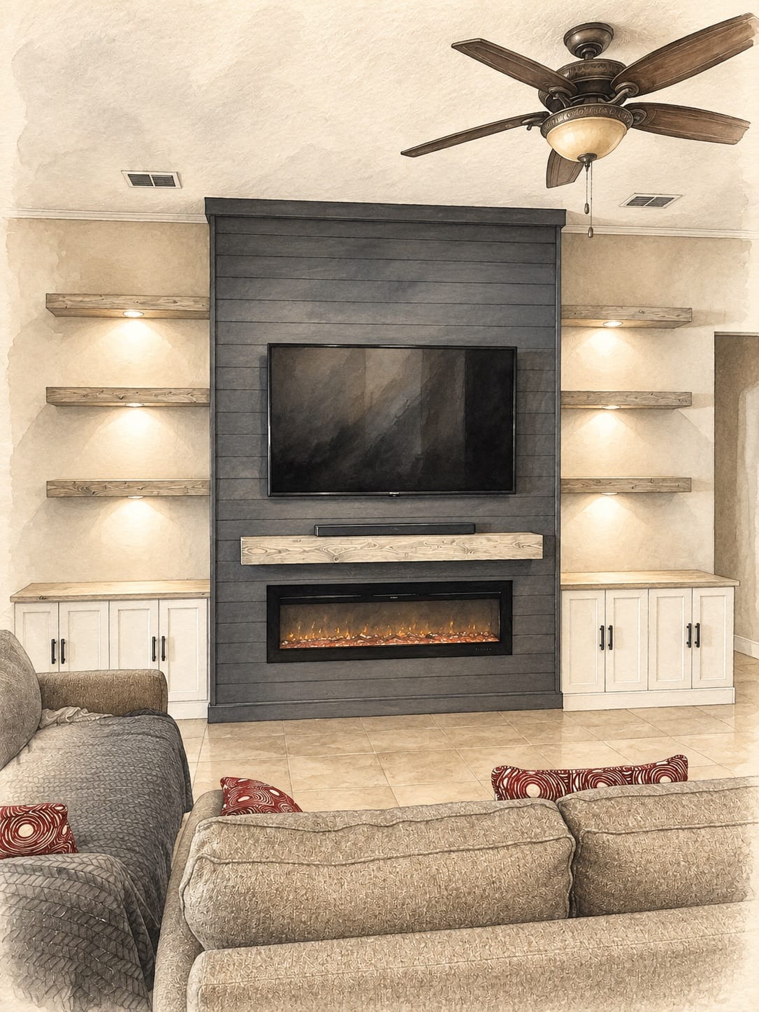 Illustrated real Lux Nook dark media wall with fireplace, shelves and lower cabinetry in Orlando Illustrated real Lux Nook dark media wall with fireplace, shelves and lower cabinetry in Orlando
