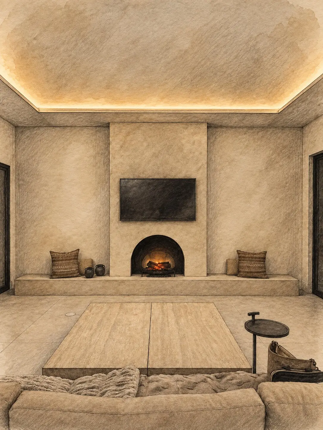 Pencil-and-watercolor illustration of a real minimalist Lux Nook TV and electric fireplace wall with warm ceiling cove lighting