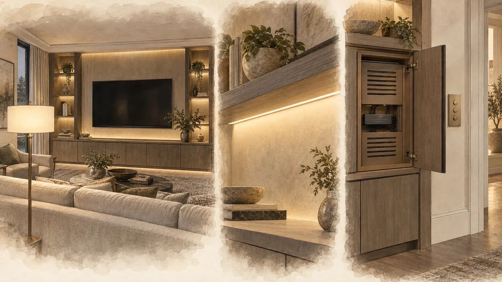 Pencil-and-watercolor study of a glare-free TV room, a concealed diffused shelf light and an accessible lighting driver with controls