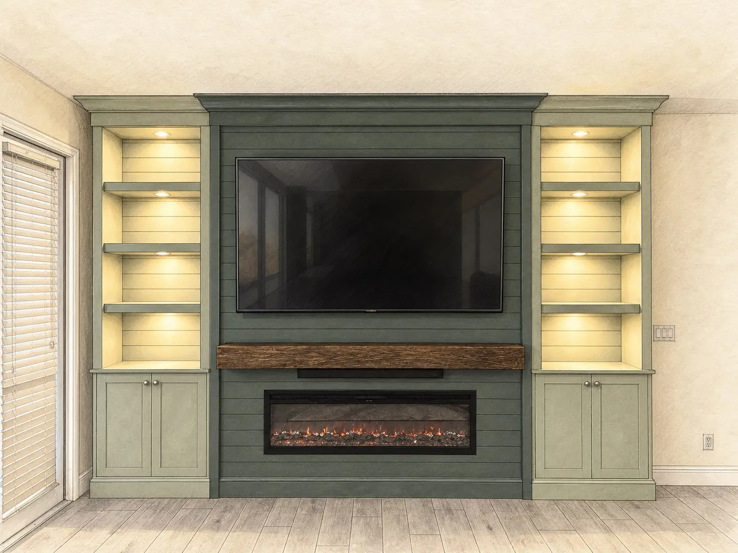 Pencil-and-watercolor illustration of a real sage green Lux Nook media wall with warm illuminated shelves
