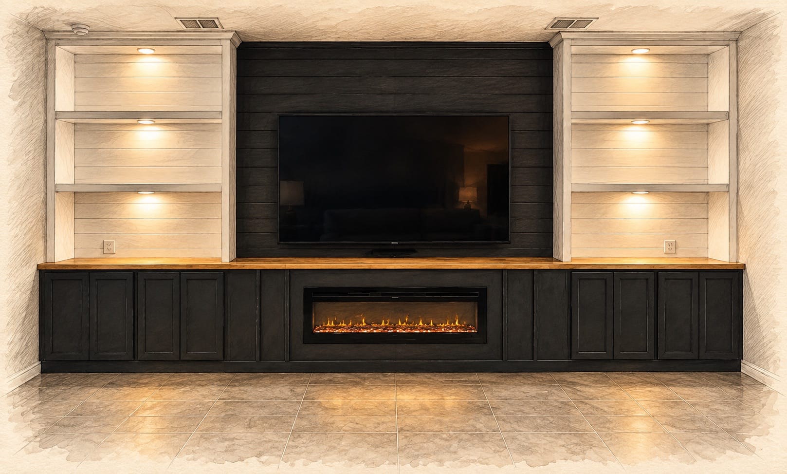 Media wall lighting with warm illuminated shelves and controlled TV glare