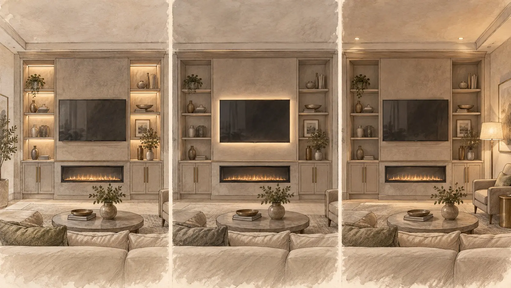 Pencil-and-watercolor comparison of display shelf lighting, a soft glow behind the television and quiet ambient room lighting