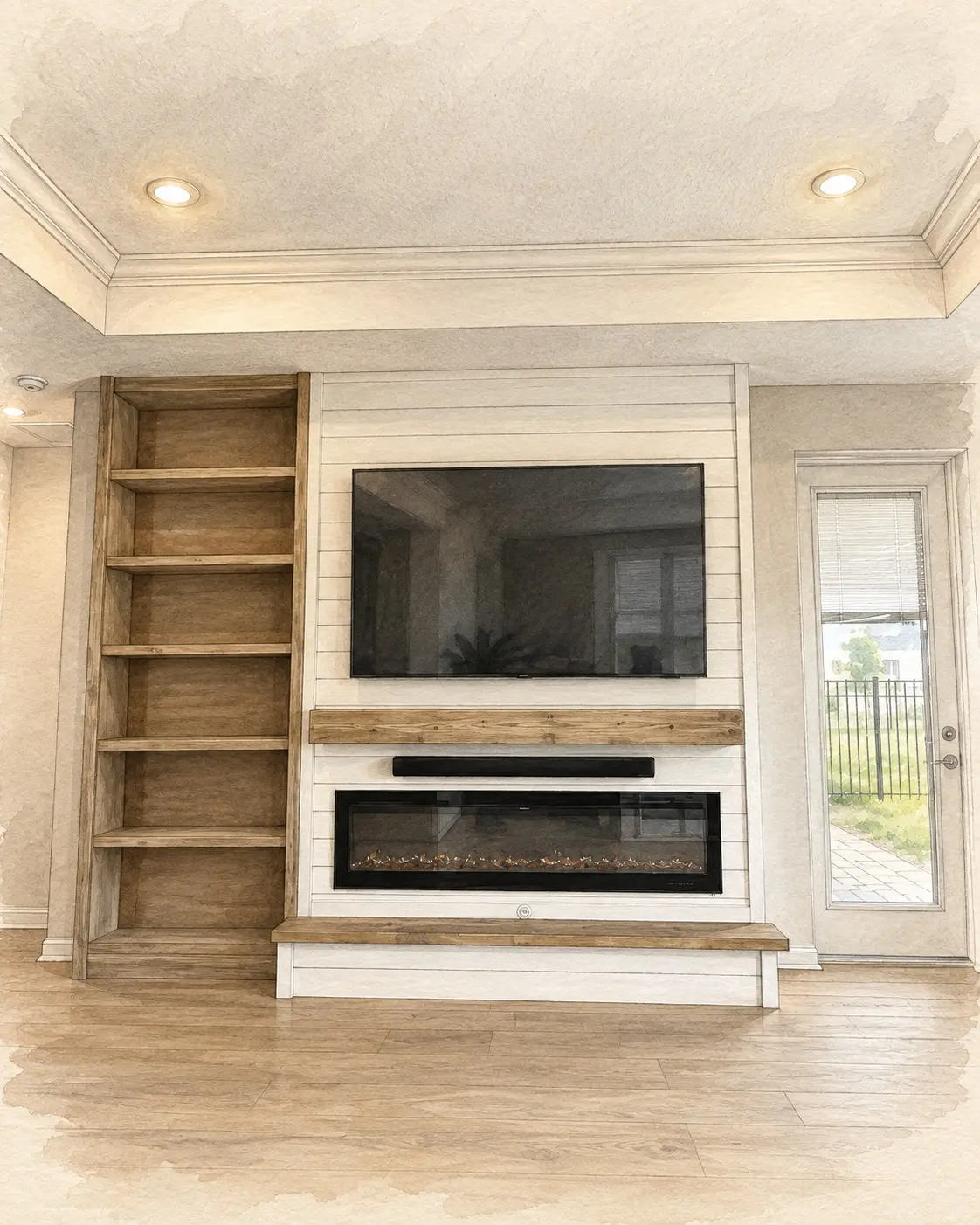 Pencil-and-watercolor illustration of a real asymmetrical white Lux Nook media wall with restrained recessed room lighting