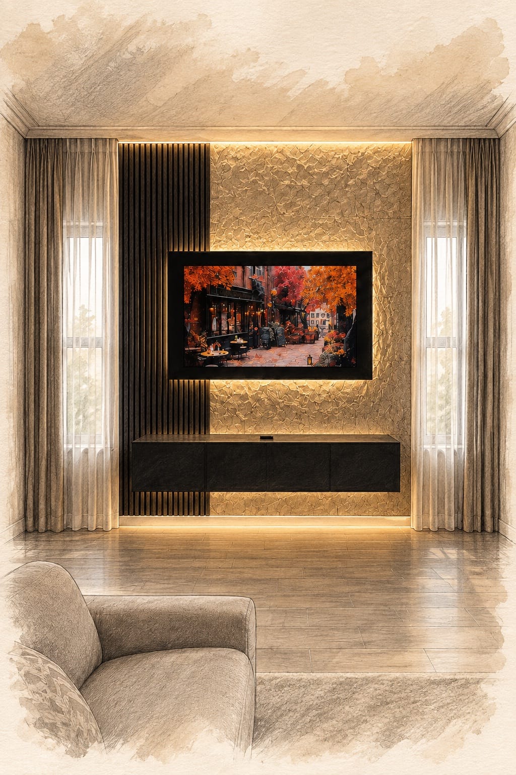 Illustrated Lux Nook Indialantic acoustic-panel TV media wall