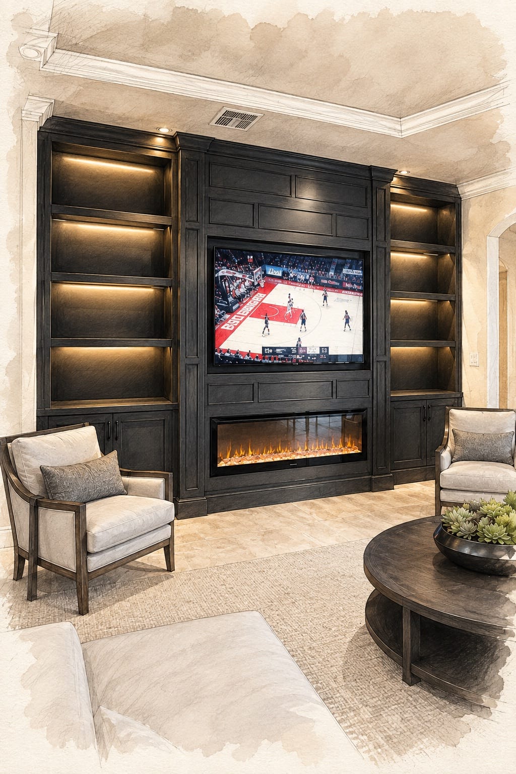Illustrated Lux Nook dark built-in TV media wall in The Villages