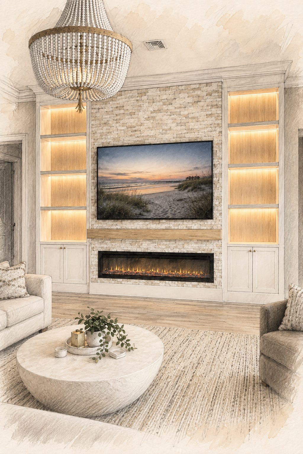 Illustrated Lux Nook Melbourne stone TV media wall with illuminated built-ins