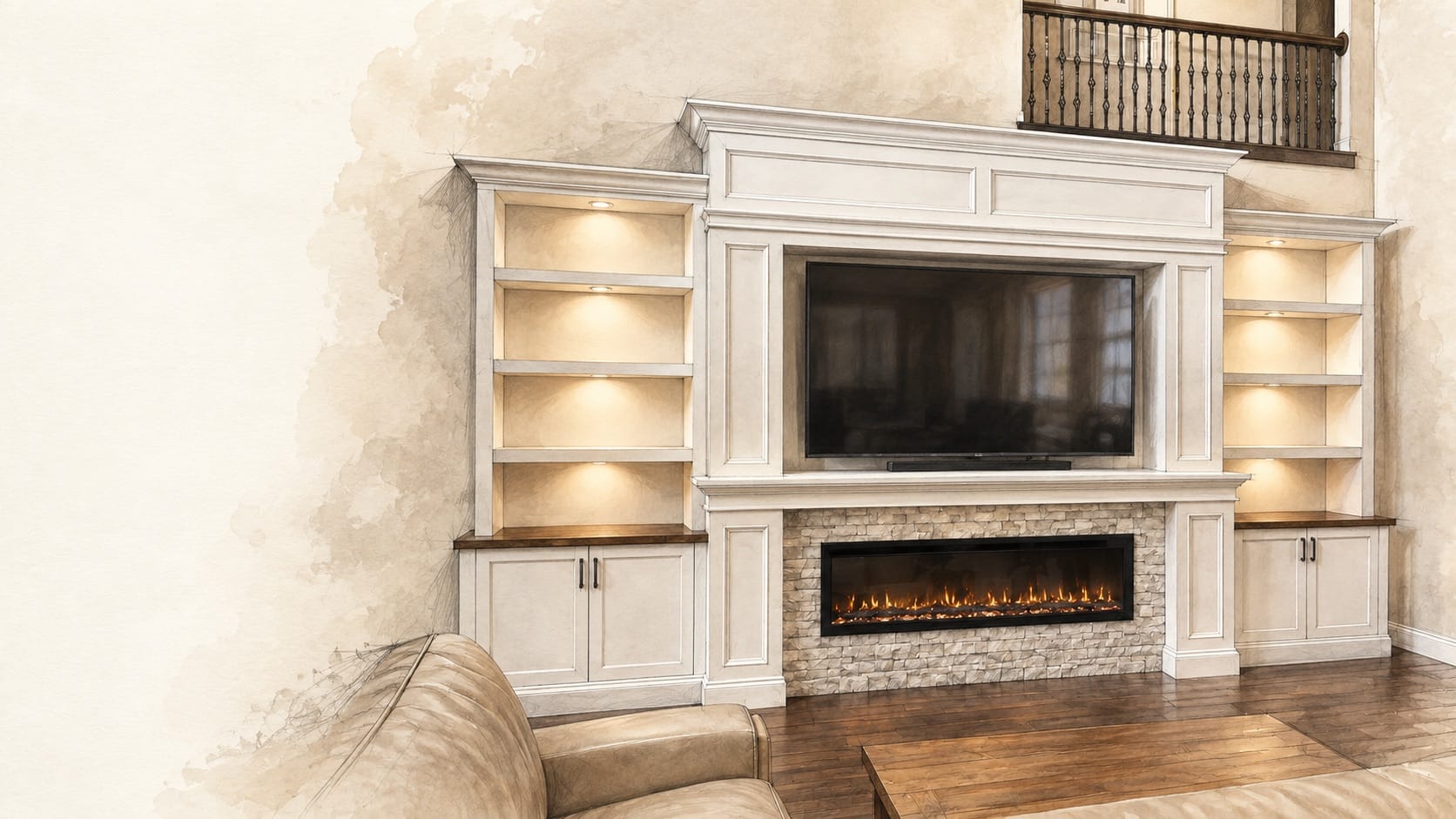 Media wall design guides illustrated with a premium electric fireplace, illuminated shelving, and custom built-in cabinetry by Lux Nook Design