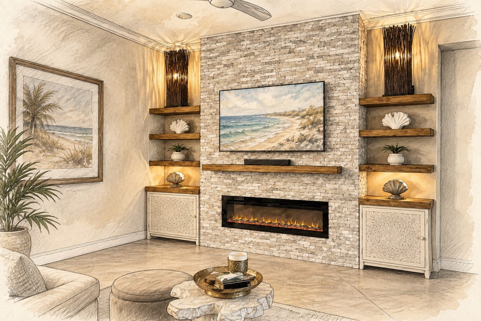Satellite Beach coastal stone TV media wall with floating shelves