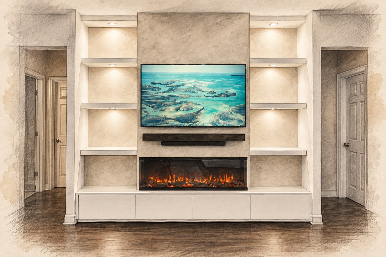 Lake Nona limewash TV media wall with built-in shelving