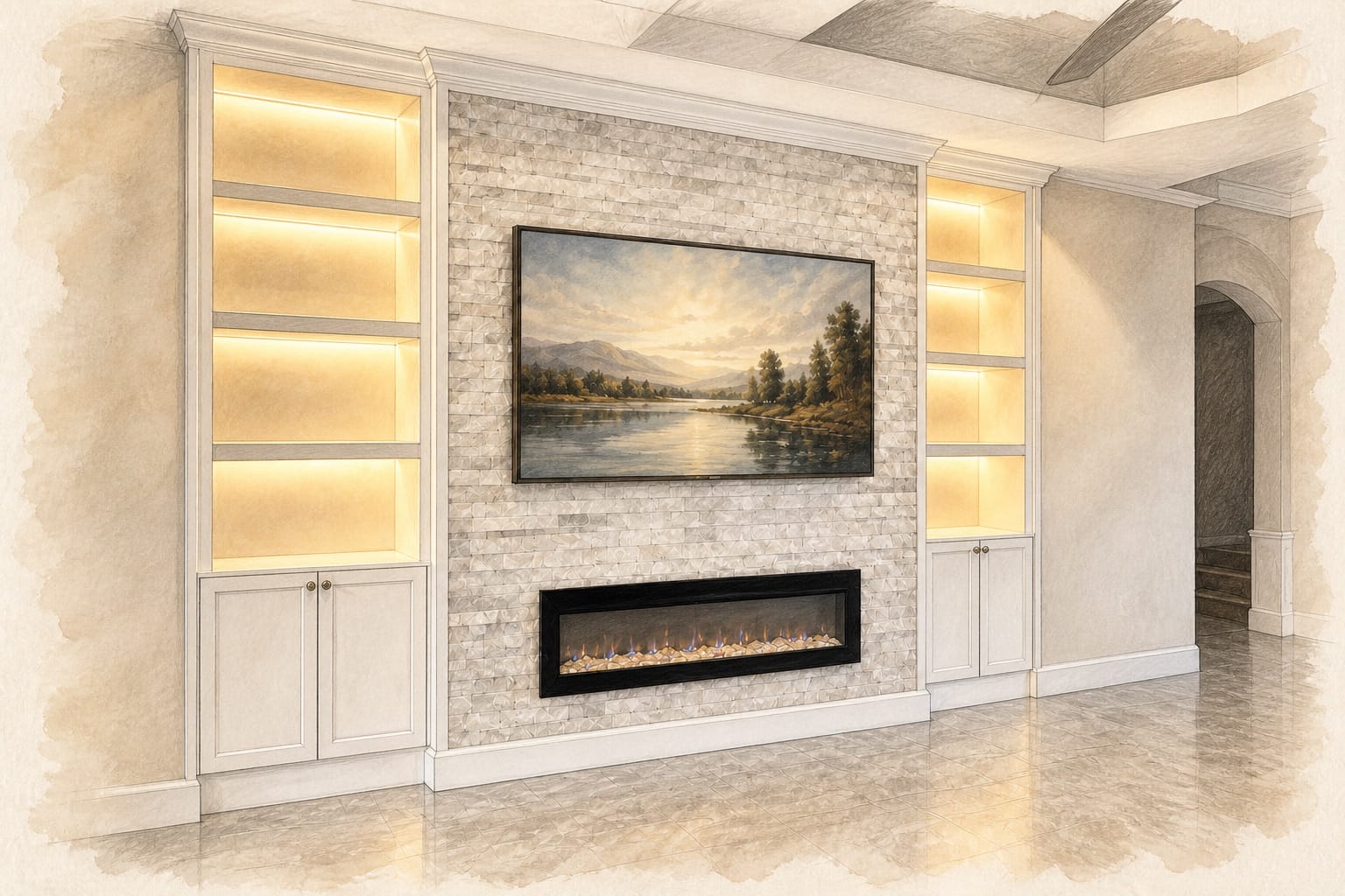 Palm Coast pale ledger-stone TV media wall