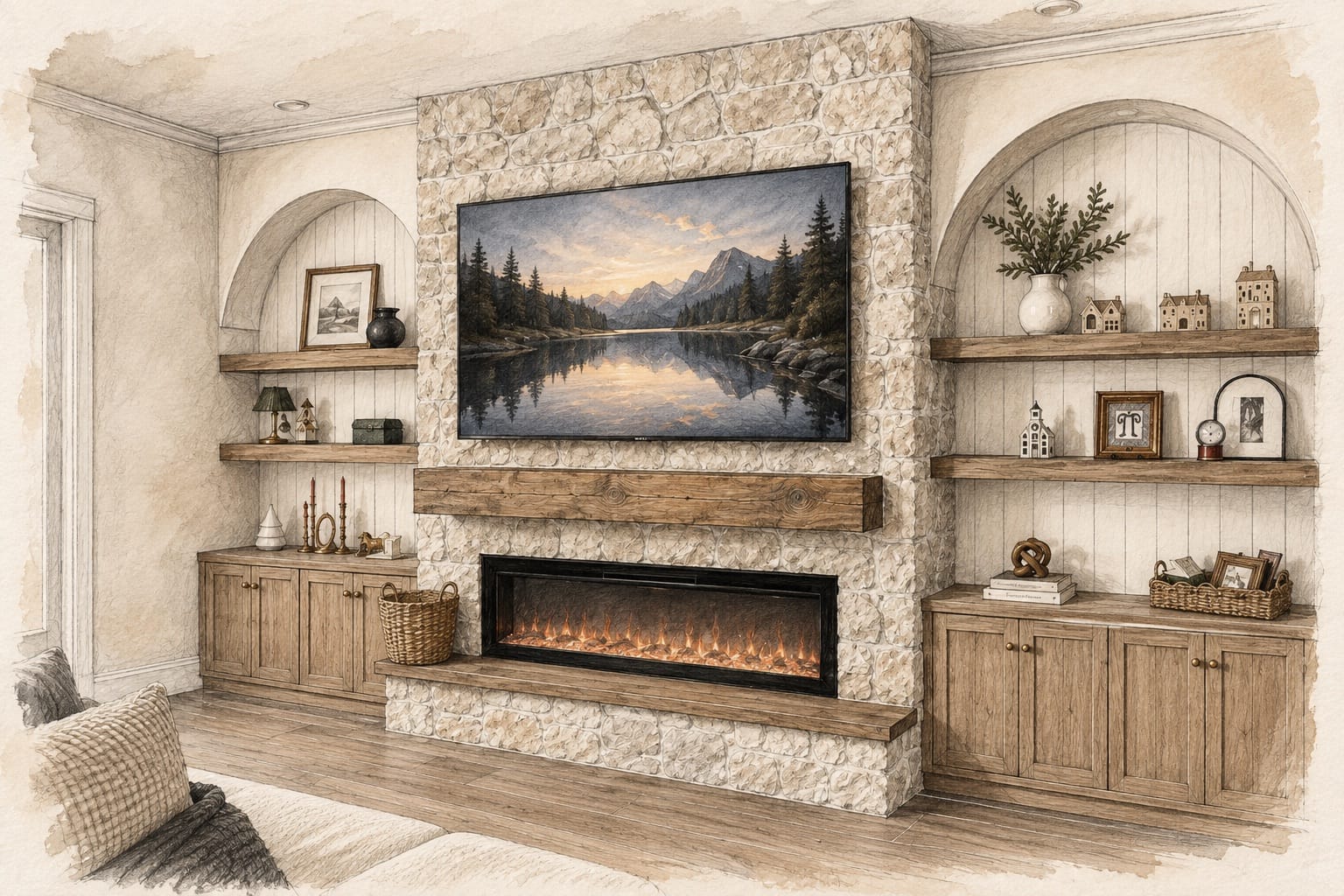 Watercolor media wall with rough-cut stone, warm wood cabinetry, television, and electric fireplace