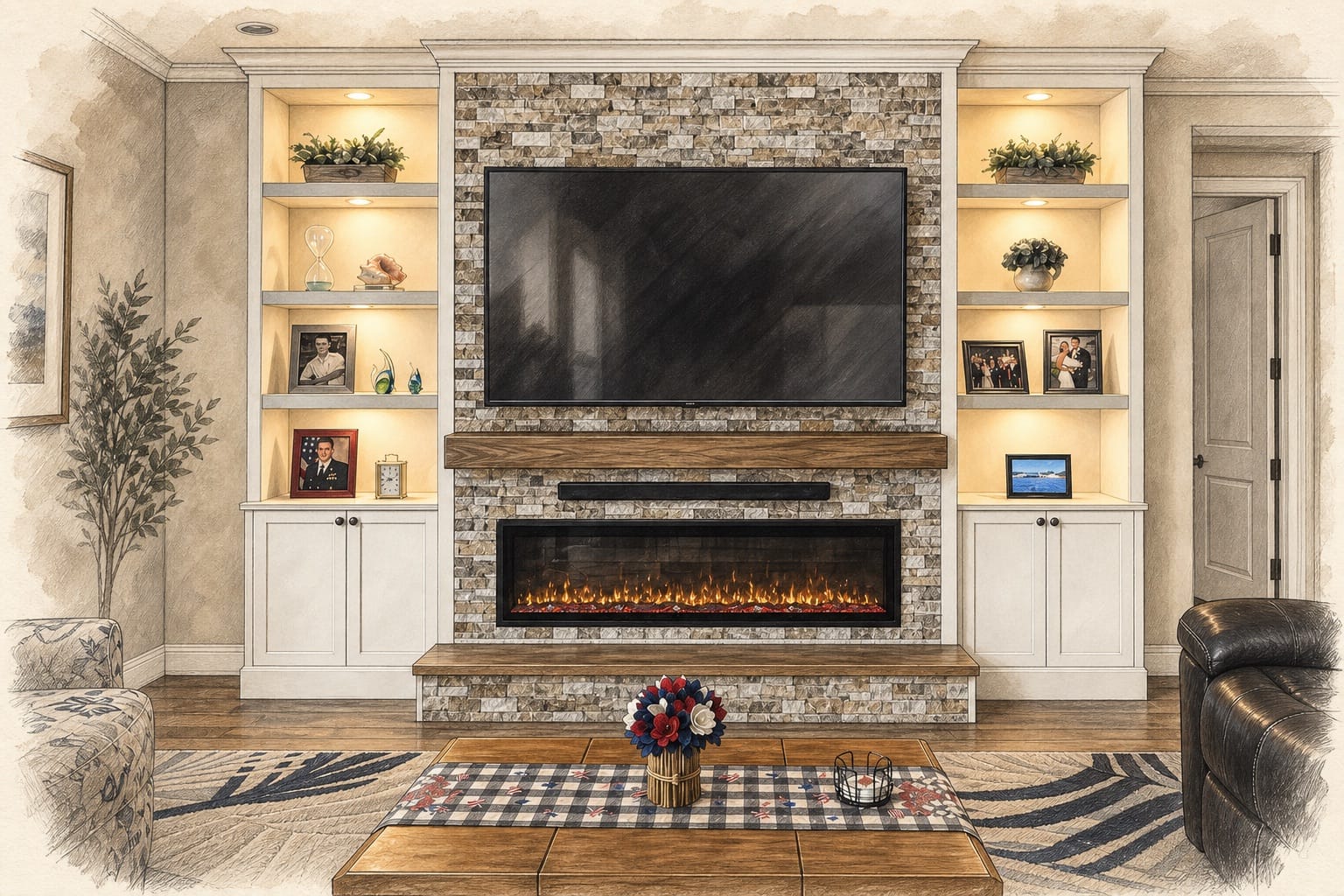 Melbourne multitone stone and wood TV media wall