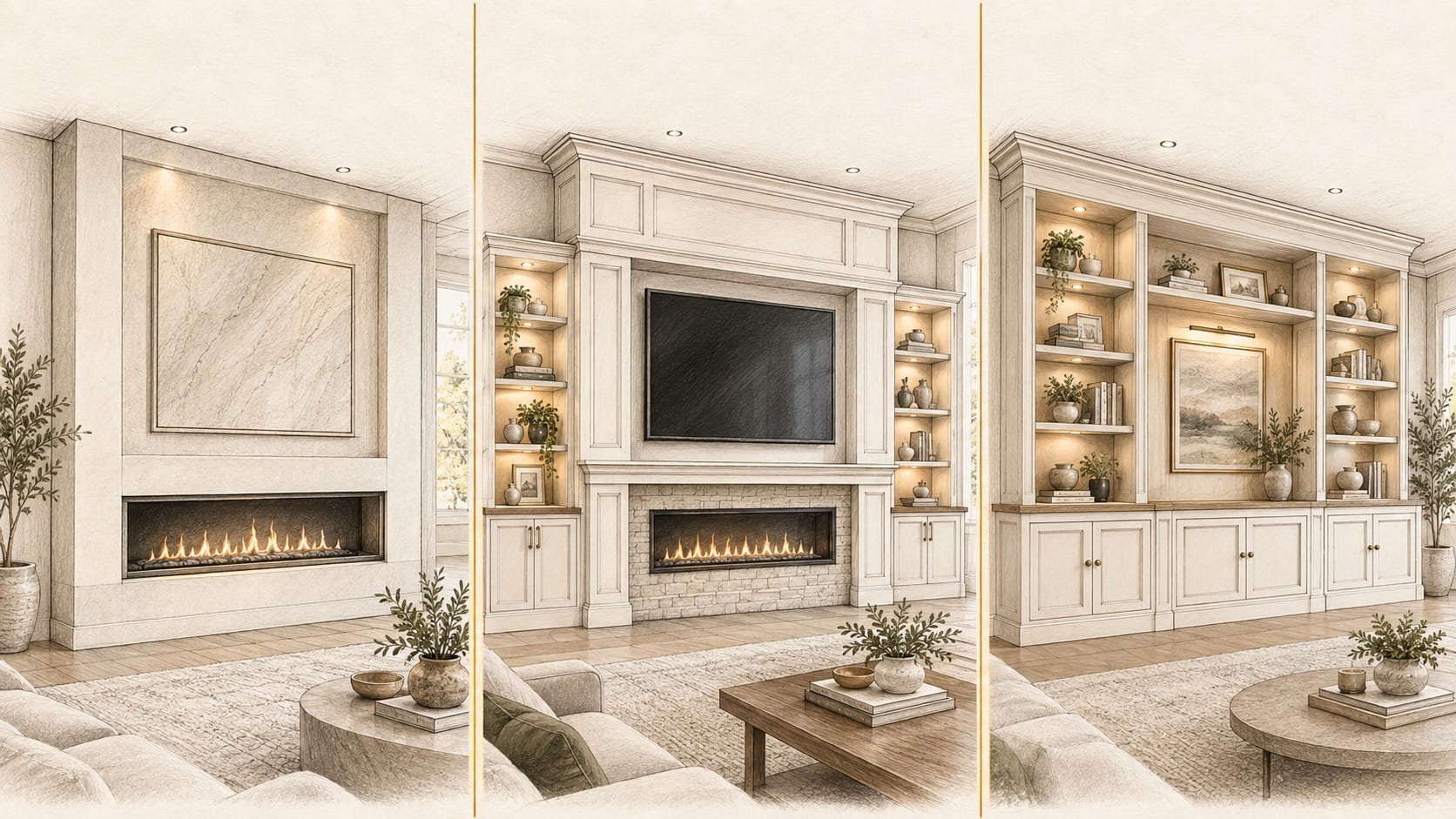 Watercolor comparison of a fireplace wall, complete TV media wall, and custom built-in cabinetry for media wall planning