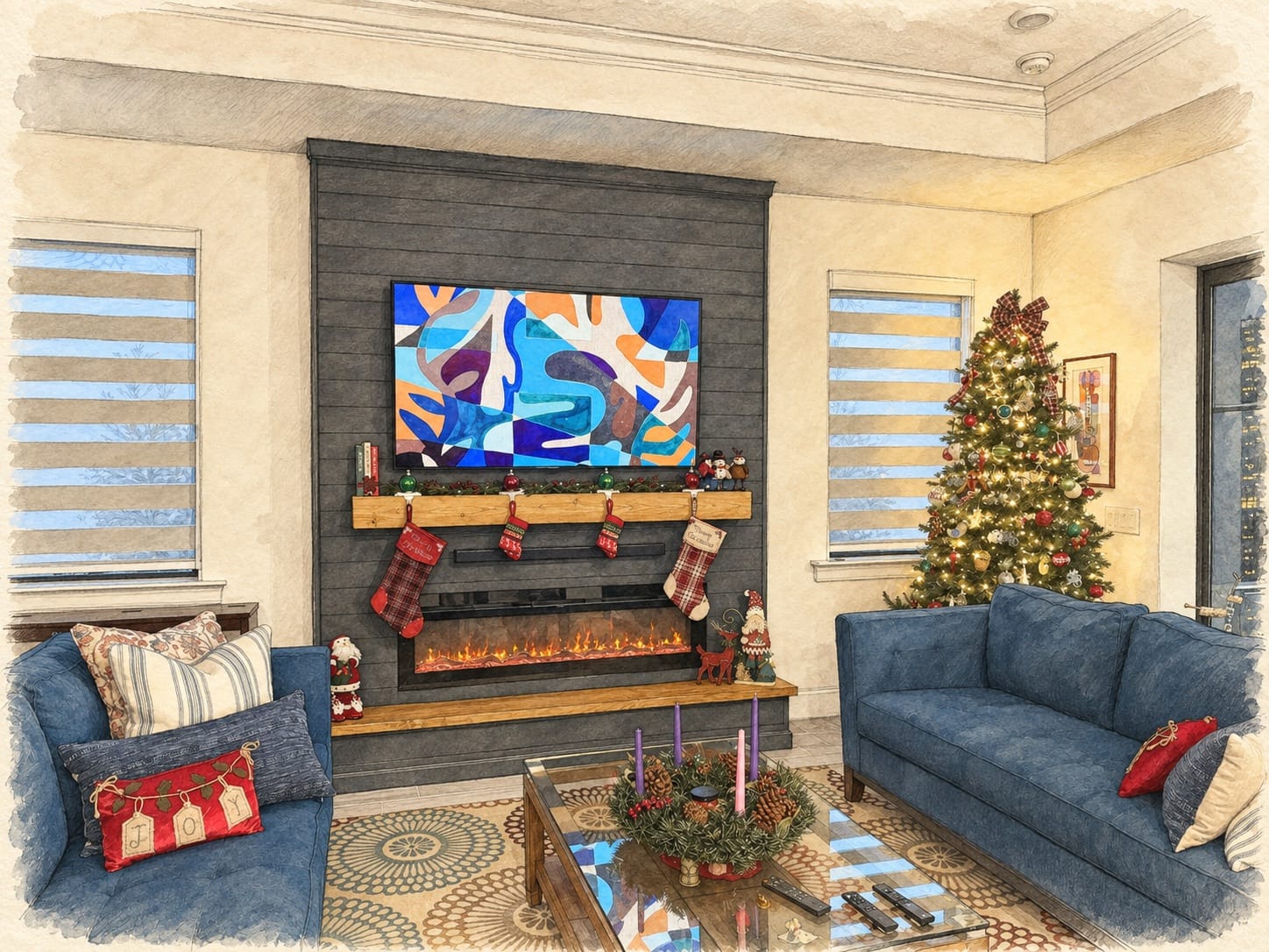 Wide watercolor view of a completed TV and electric fireplace wall with the surrounding seating area prepared for installation planning
